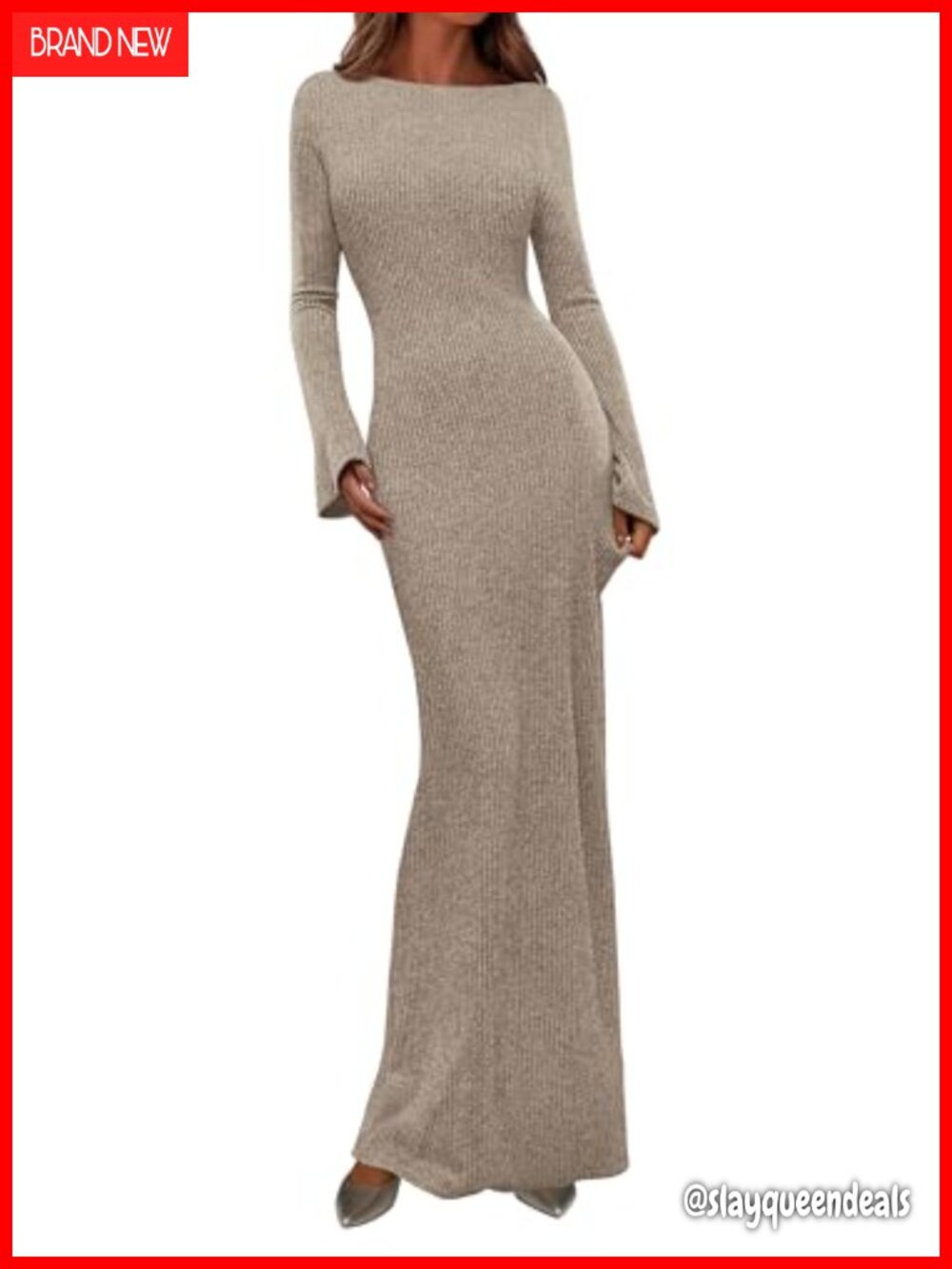 Women's Long Sleeve Bodycon Maxi Dress Ribbed Knit Boat Neck Bell Sleeve Fall
